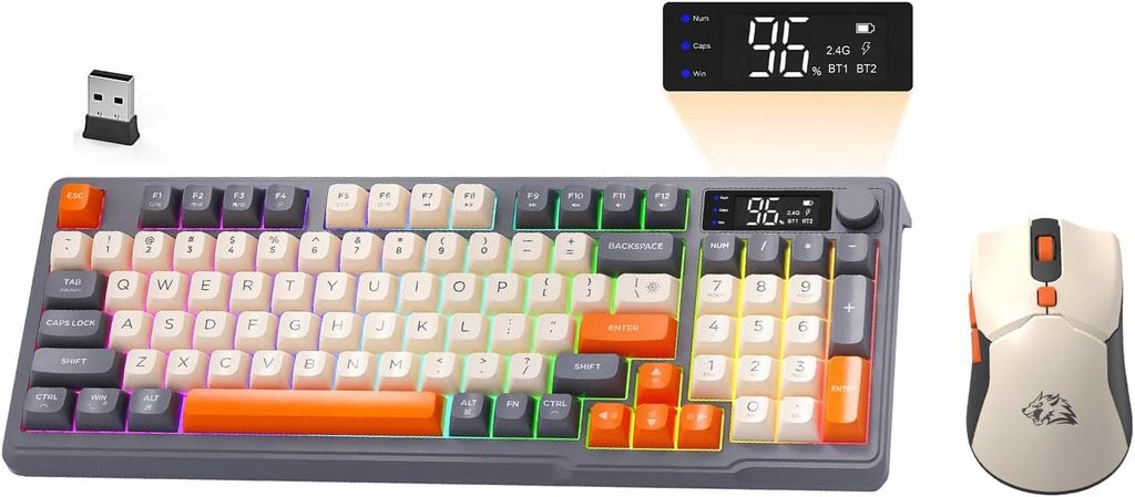 Kabelloses Gaming-Tastatur- und Maus-Set, BT/2,4 GHz, Smart Display und Knopf, Regenbogen-Hintergrundbeleuchtung, Aufladbare QWERTY-Tastatur