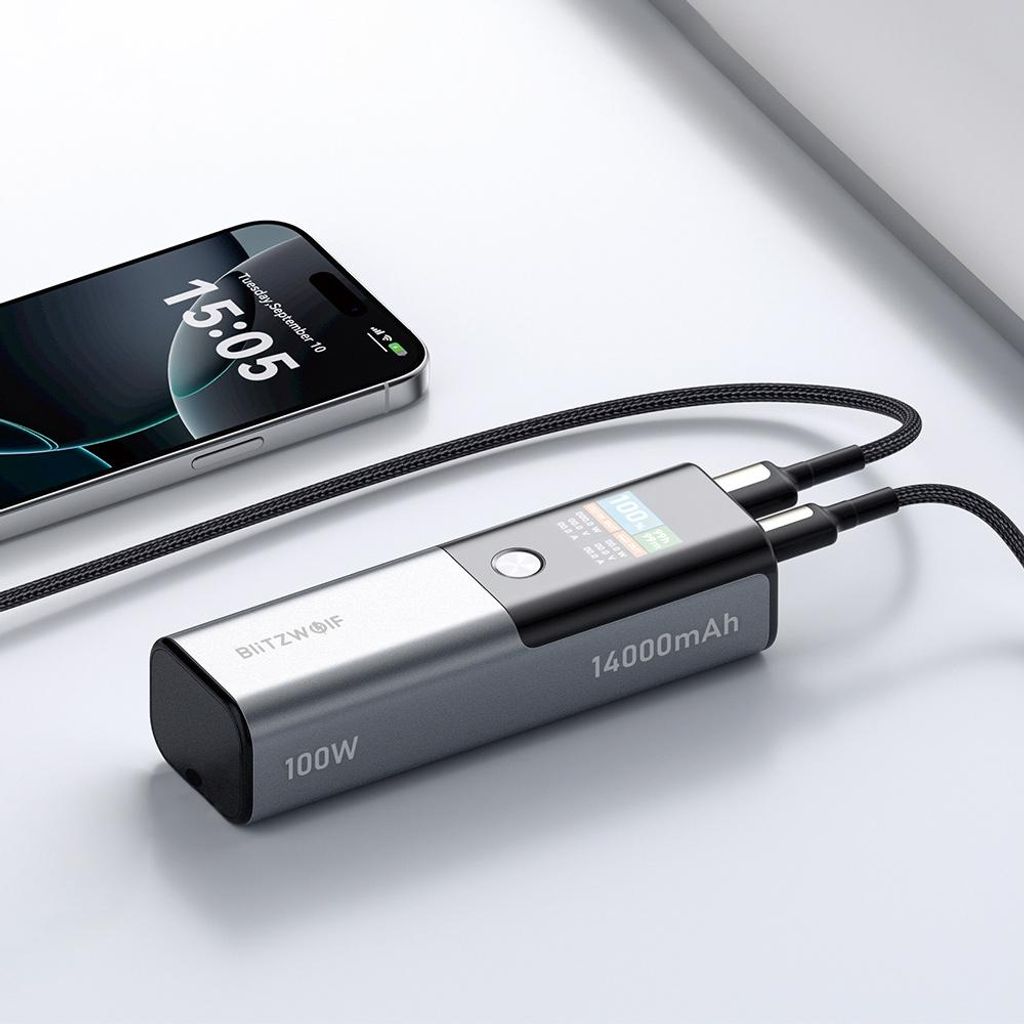 BlitzWolf BW-P23 Powerbank 100W 14000mAh mit Display, PD QC Schnellladen, 2 Ausgänge, kompakte externe Batterie für iPhone, Samsung, Xiaomi, Grau