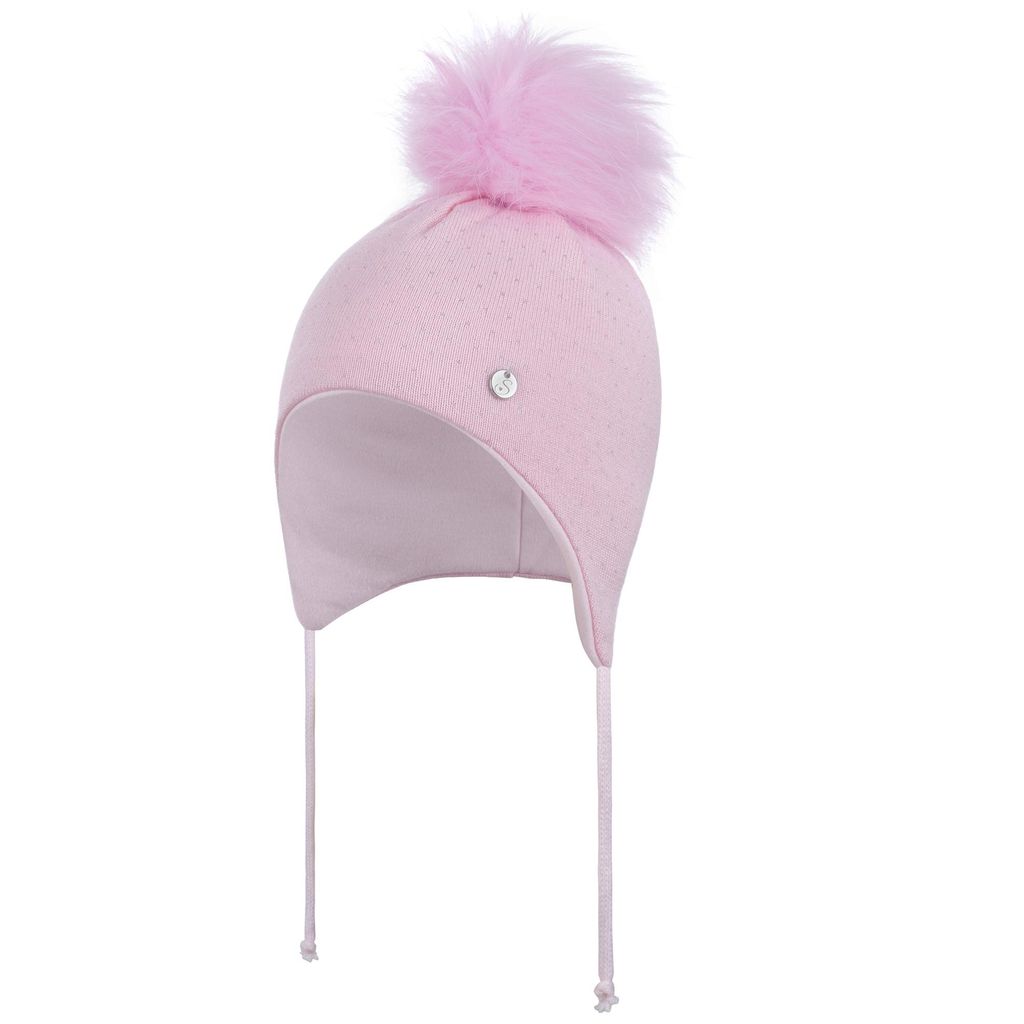 Baby Mädchen Wintermütze Strickmütze Bindemütze Bommelmütze, Rosa-Silber, Gr. 40