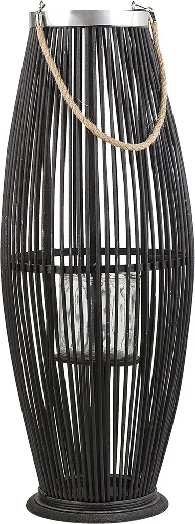 Lanterne en Bambou et Verre avec Support Bougie - Finition Noir Mat