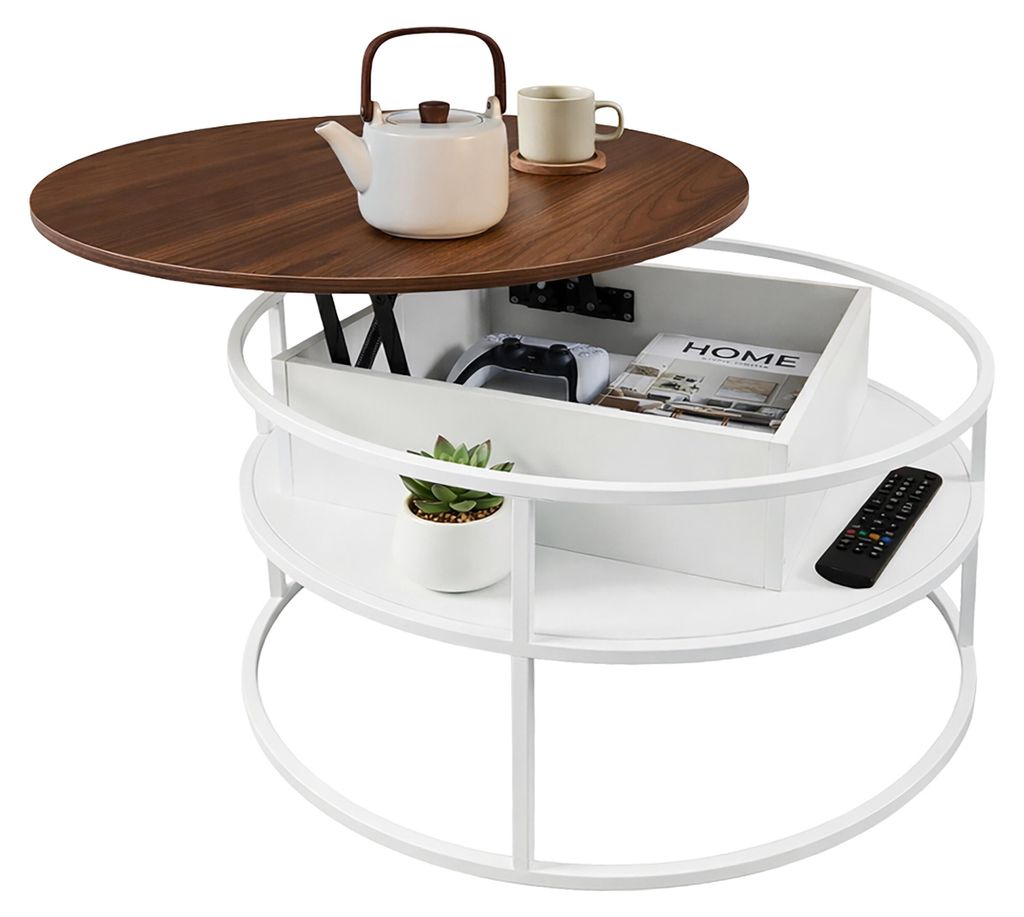 Relaxdays Couchtisch, höhenverstellbar, Beistelltisch mit Stauraum, HD 46x80cm, Tisch Hebeplatte, MDF, Eisen, weiß/braun