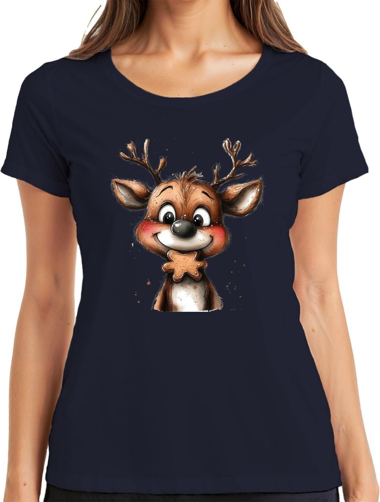 Rentier Lebkuchen Weihnachten Geschenk Kinder Niedlich Retro Damen T-Shirt, Navy, 3XL