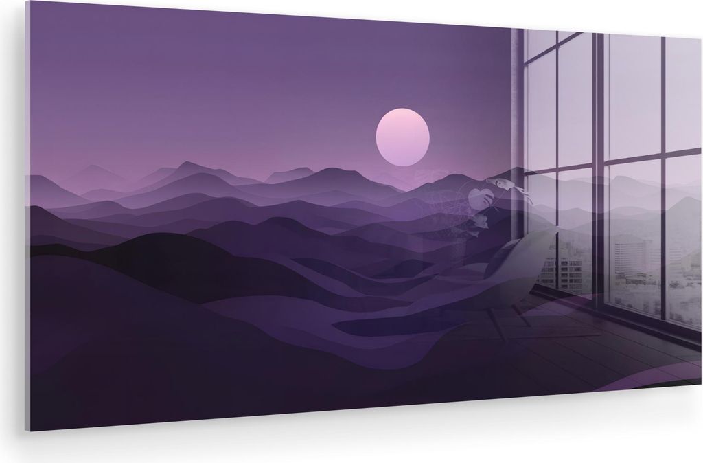 MuchoWow Glasbilder - Bilder auf Wandbild - Foto auf Glas Hügel - Lila - Nebel - Sonne 80x40 cm Wanddekoration aus Glas - Acrylglasbild - Acrylbil...