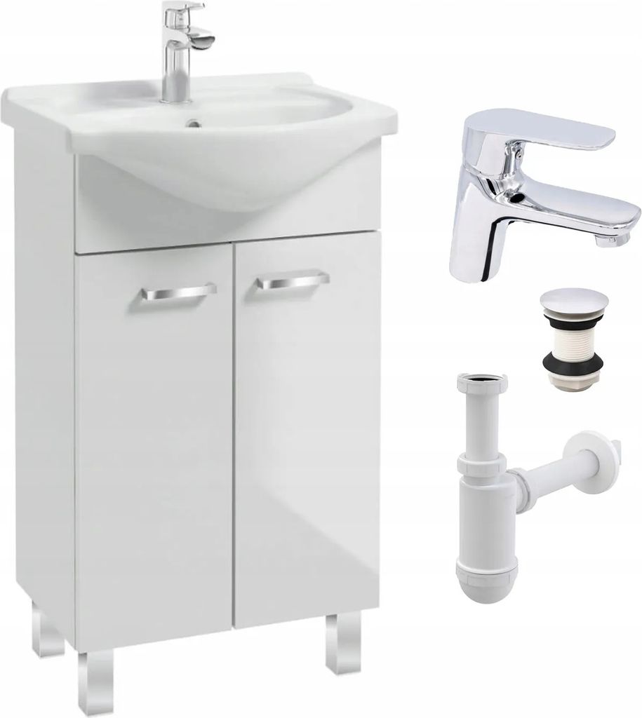 Stamar | Set Weiße Stehende Badezimmerkommode, 50 cm, mit Glänzendes Waschbecken, Sigma Armatur