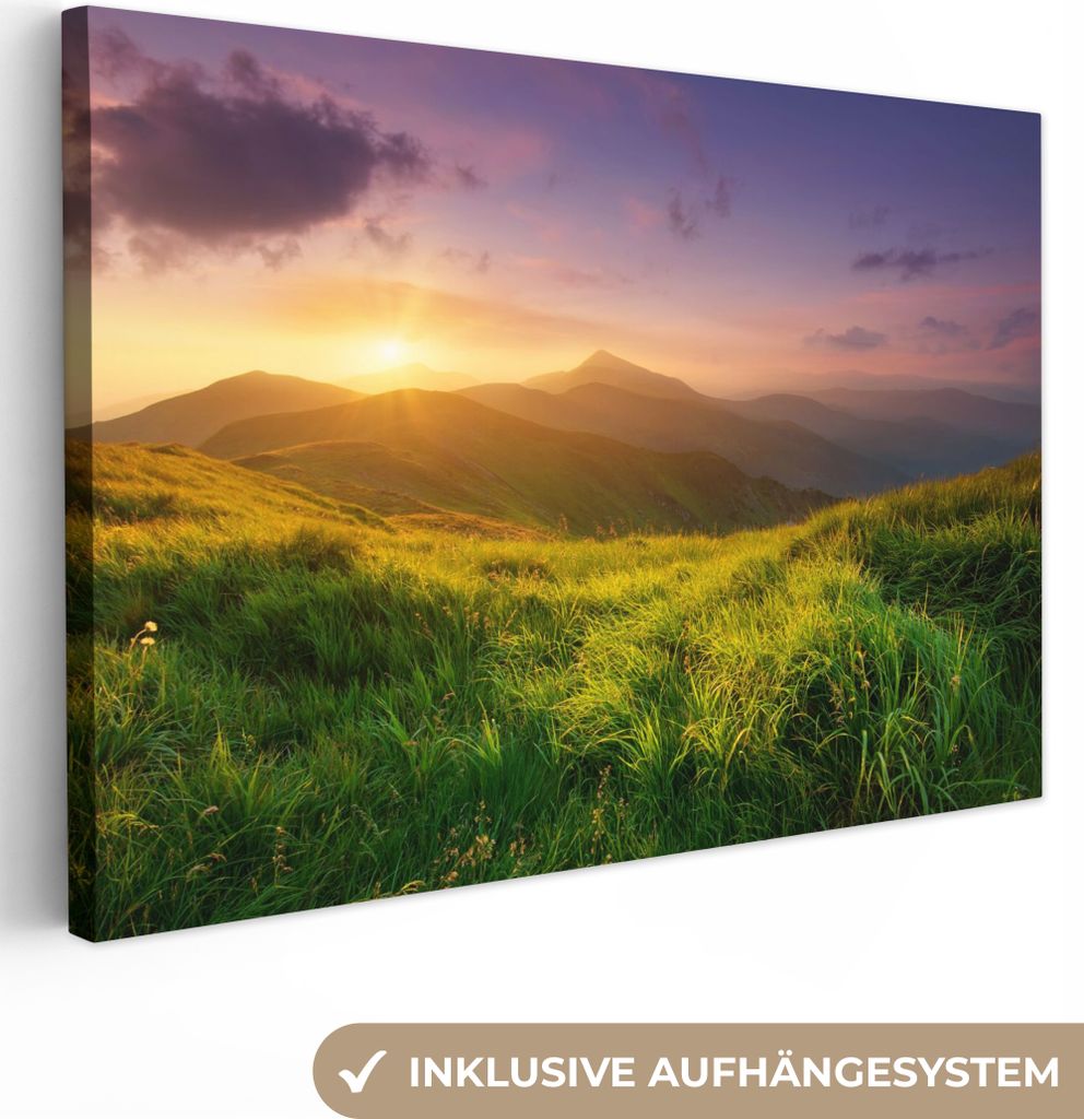 MuchoWow - Leinwandbilder - Berge - Sonne - Natur, Wandbild, Wanddeko Bilder Wohnzimmer, 90x60 cm