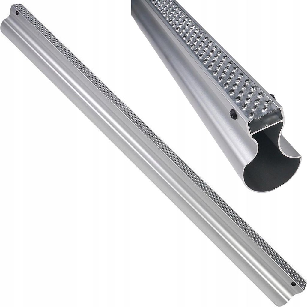 A close-up, angled view of a long, silver metal tool with a textured surface along one edge, set against a white background. A smaller inset image shows a closer view of the textured end of the tool.