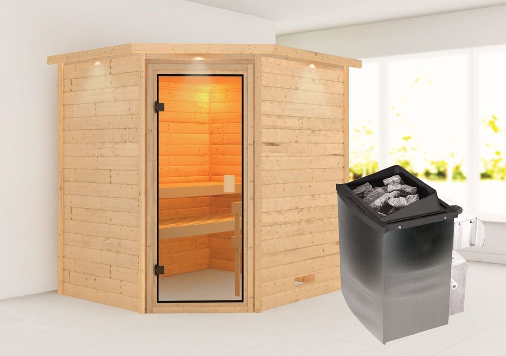 Karibu Sauna Innensauna Elea Eckeinstieg Ofen 9 kW integr. Strg 224x184x191 cm mit Dachkranz