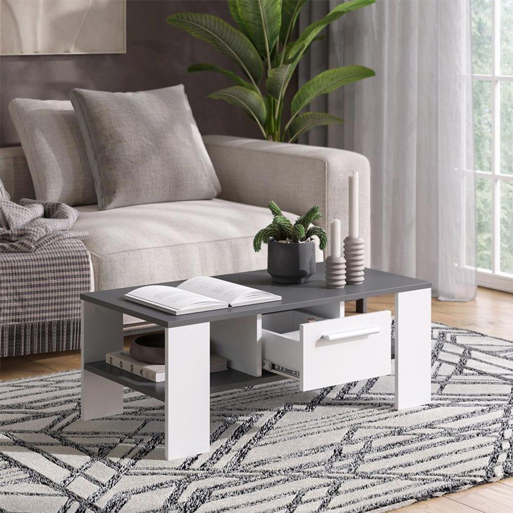 Vicco Couchtisch Wilmut, 89.8 x 46.4 cm mit Schublade, Anthrazit/Weiß
