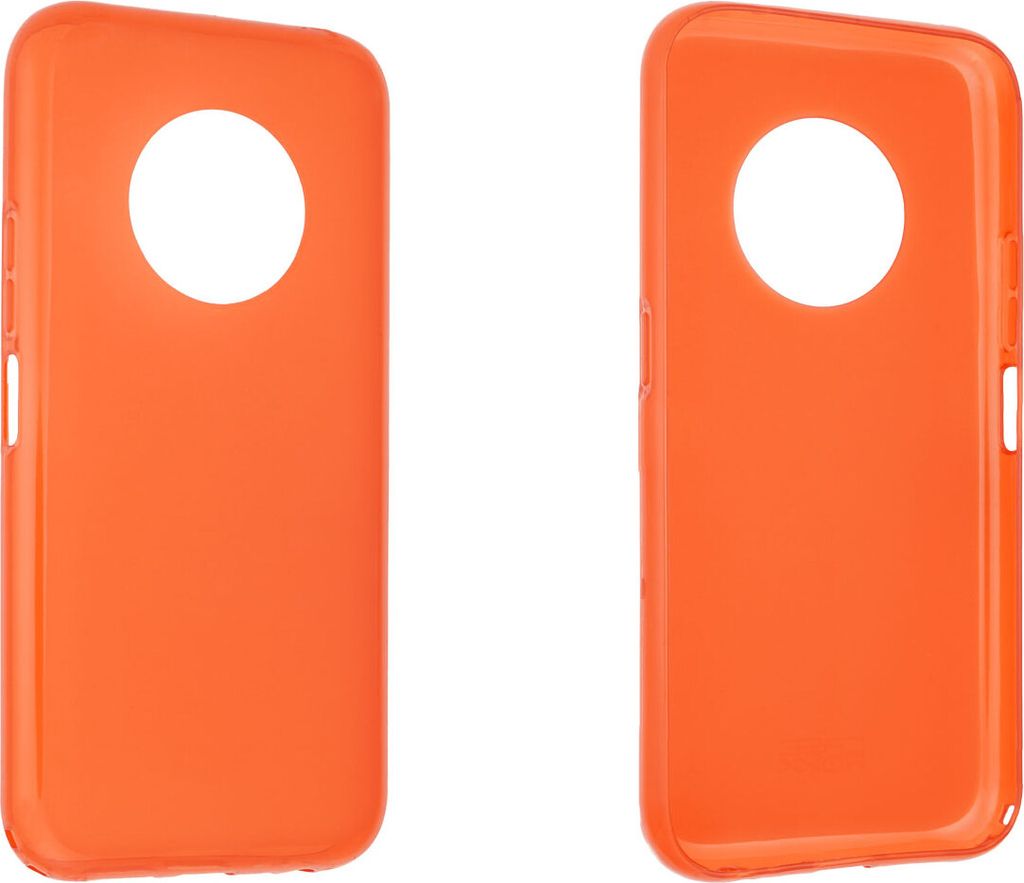 Two orange phone cases are shown side-by-side against a white background.