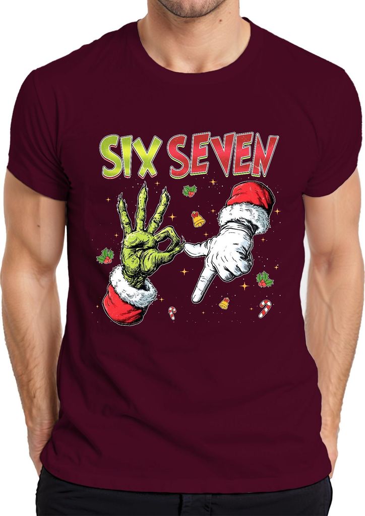 SIX SEVEN Grinch Italian Brainrot 6 7 Handzeichen Weihnachten Meme Herren T-Shirt, Burgundy, XL