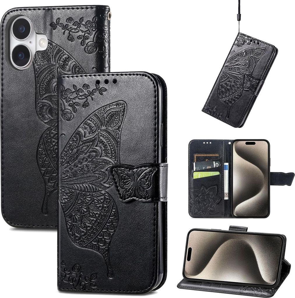 Für Apple iPhone 16 Plus Kunstleder Wallet Handy Tasche Schmetterling Design Hülle Etuis Schwarz