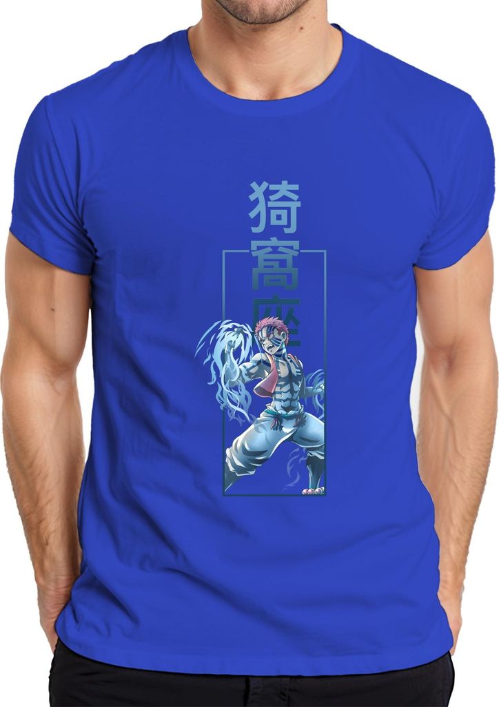 Akaza Dämonenkrieger Anime Kampfkunst Blaue Streifen Japan Y2K Streetwear Herren T-Shirt, Blau, XXL