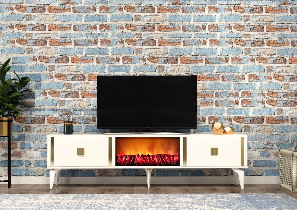 Skye Decor, Doruk Fireplace - White, Gold, TV-Ständer, Weiß, 100 % MELAMINBESCHICHTETE SPANPLATTEN, 150 x 44,6 x 29,6 cm