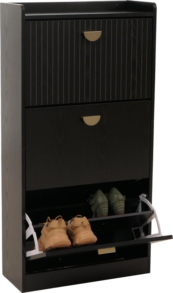 Schuhschrank MCW-O39, Schuhkipper Schuhregal 3 Klappen Klappfächer MDF Melamin Metall 117x60x24cm Holzoptik schwarz
