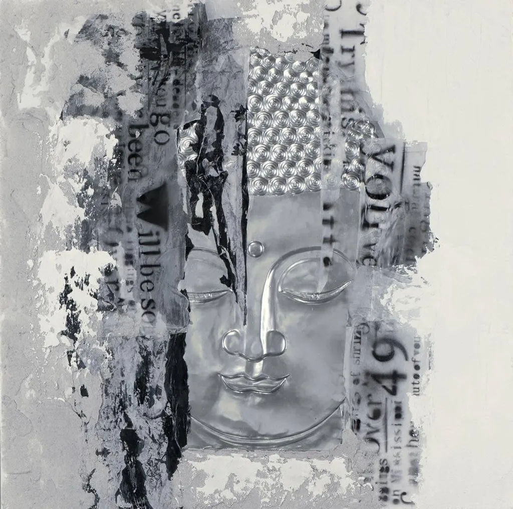 Fine Asianliving Peinture Bouddha Visage Argent 3D 100x100 cm Déco Zen