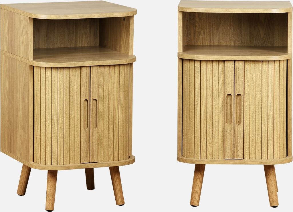 Two identical wooden nightstands are shown side-by-side against a white background.