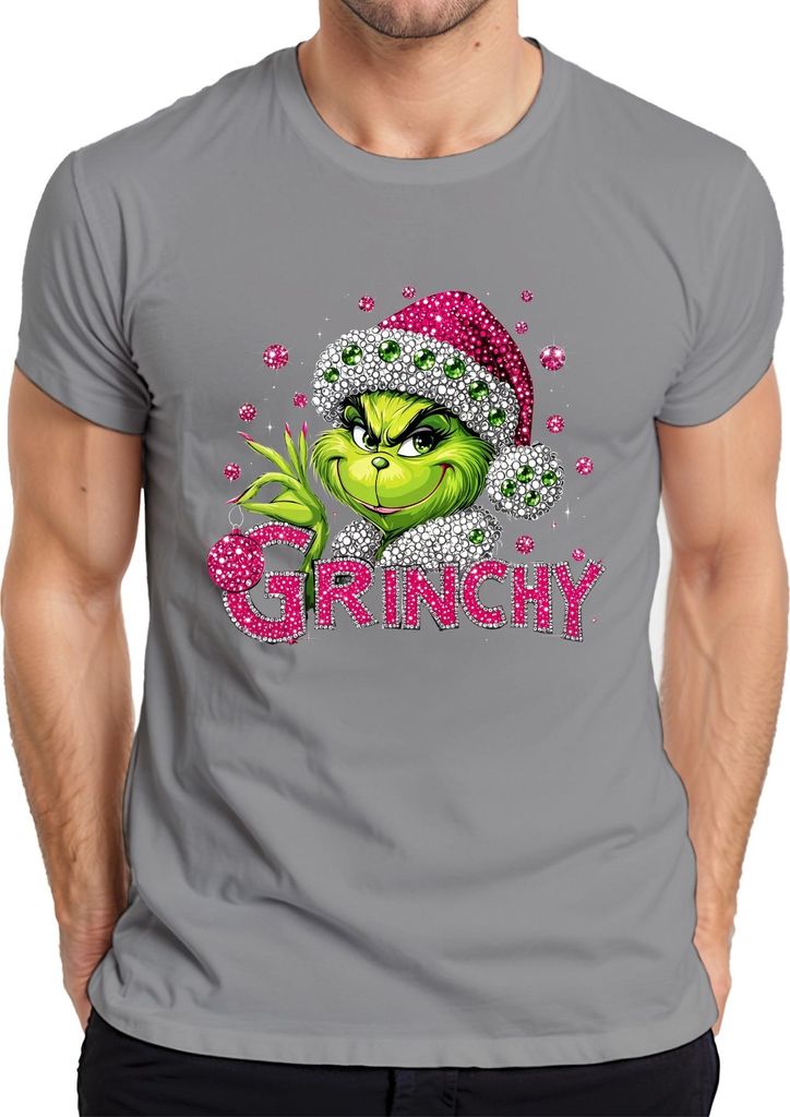 Grinch Bling Glitzer Strass Pink Grün Weihnachten Geschenk lustig Herren T-Shirt, Grau, L