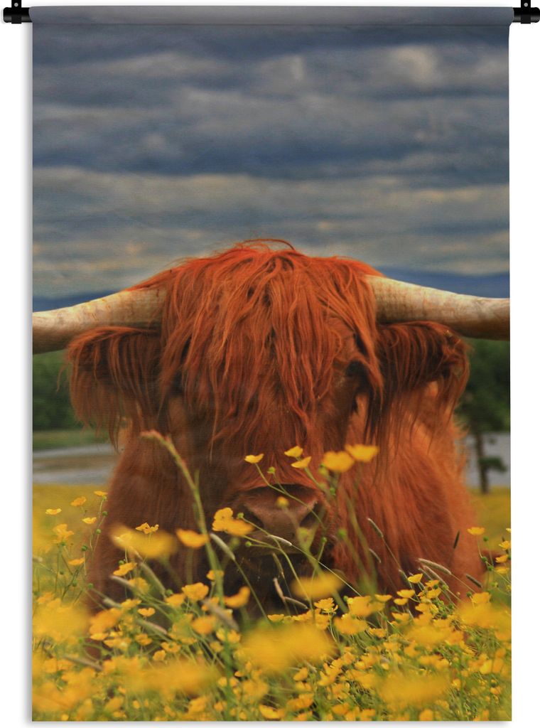 MuchoWow Wandteppich Wandbehang Schottischer Highlander - Tiere - Blumen 60x90 cm Tapisserie Dekoration Wandtuch - Foto-Teppich - Abwaschbar