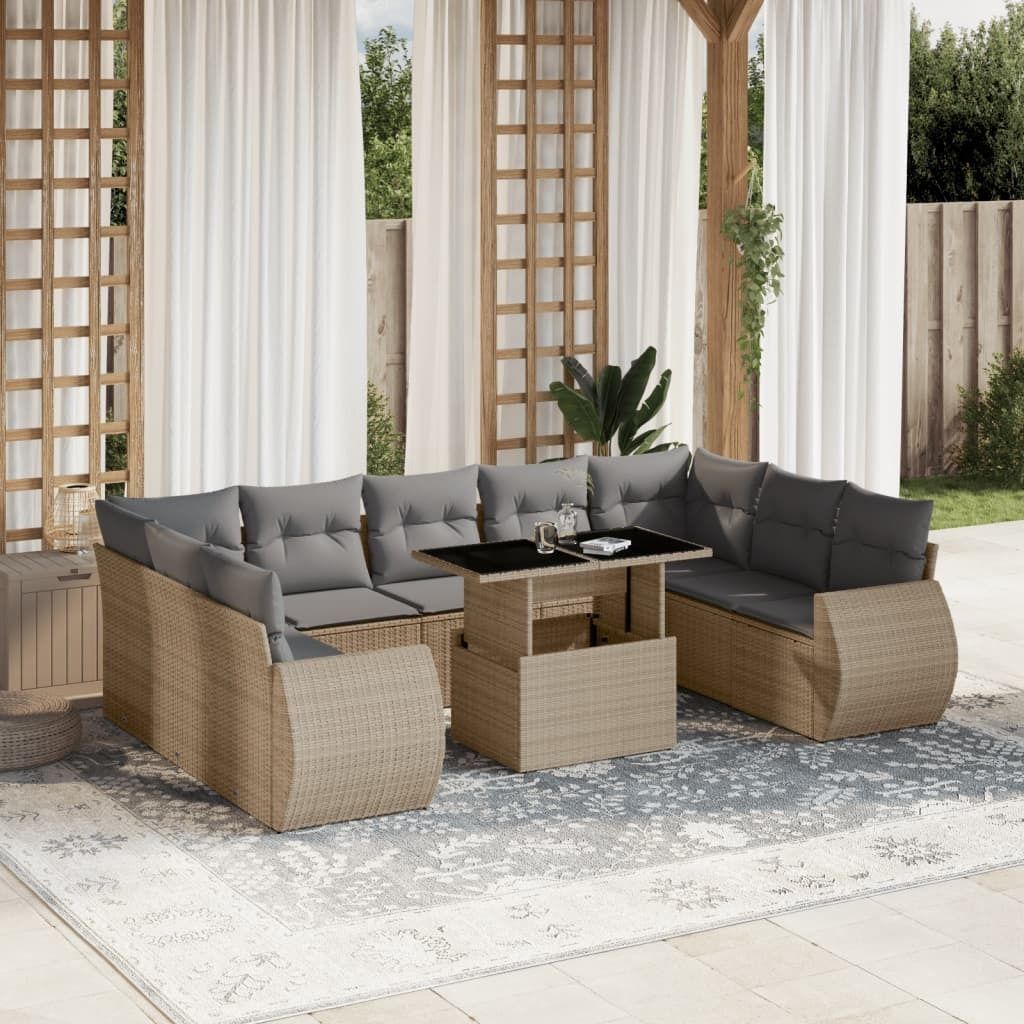 10-tlg. Garten-Sofagarnitur mit Kissen Beige Poly Rattan, Produktbild 