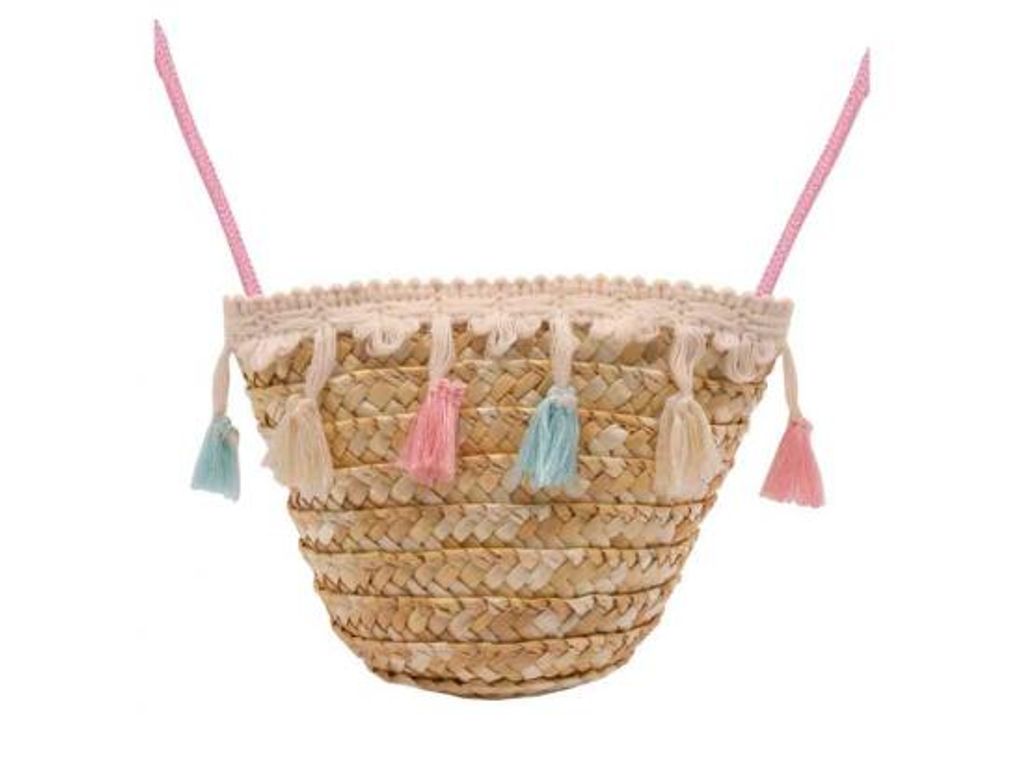 Basttasche natur mit pastel Bommeln