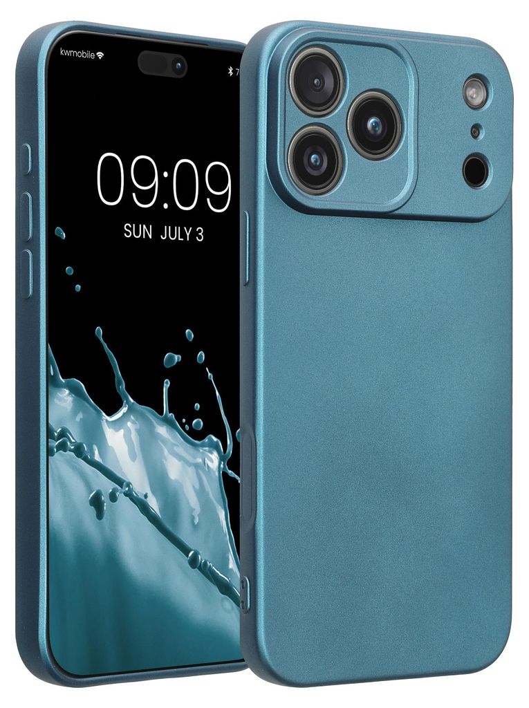 kwmobile Handyhülle für Apple iPhone 17 Pro Max Hülle - weiche Silikon Case metallisch schimmernd - Schutzhülle Cover - Metallic Karibikblau