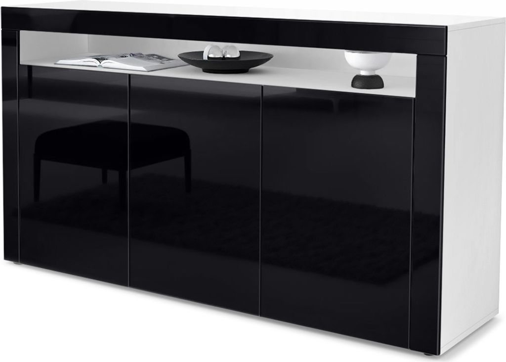 Vladon Sideboard Valencia, Germany, Kommode mit 3 Türen und 1 offenem Fach, Weiß matt/Schwarz Hochglanz/Schwarz Hochglanz (155 x 92 x 40 cm)