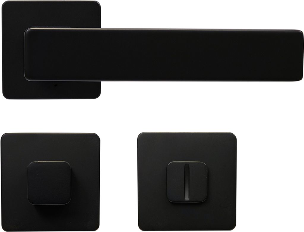 A set of black door hardware components, including a door handle and two escutcheons, displayed against a white background.