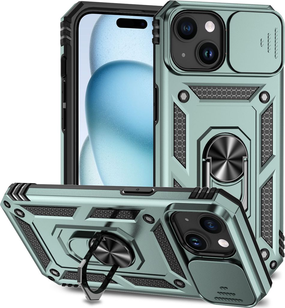 iPhone 15 Plus Hülle mit Schiebe Kamera Schutz und Ringhalter Ständer Robust Rüstung Schutzhülle für iPhone 15 Plus Grün