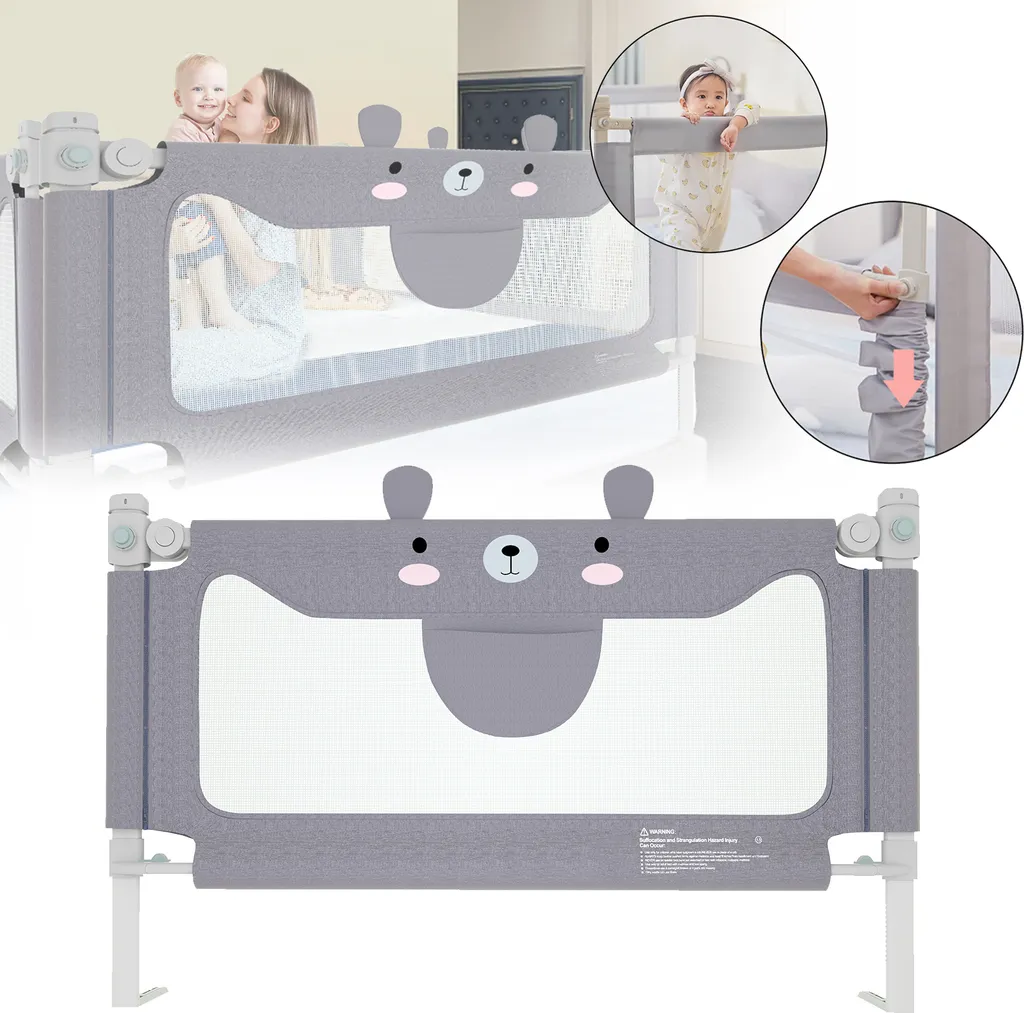 Barrière de lit bébé YUENFONG 200cm réglable gris avec motif ours
