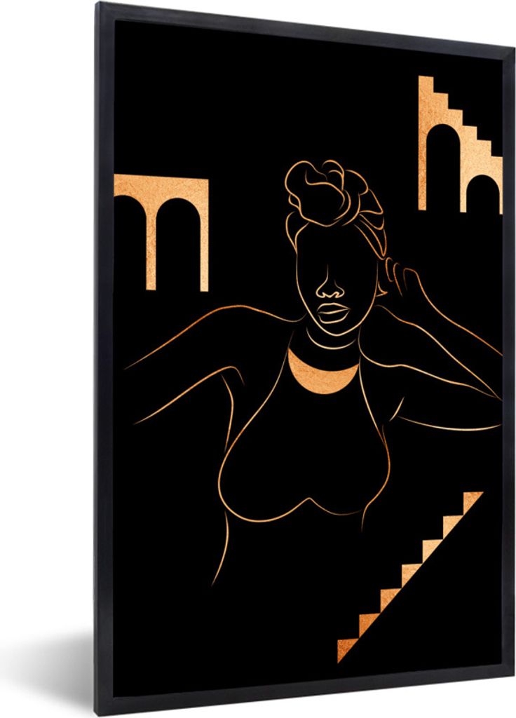 MuchoWow Gerahmtes Poster Frau - Gold - Strichzeichnung 40x60 cm - Poster mit Schwarzem Bilderrahmen Wandposter Rahmen Foto Bilder - Papierdruck ...