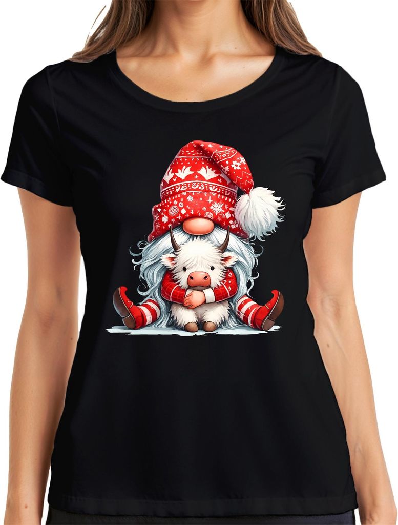 Weihnachtswichtel mit Kuh Umarmung rot winterlich niedlich Tiere Damen T-Shirt, Schwarz, XXL