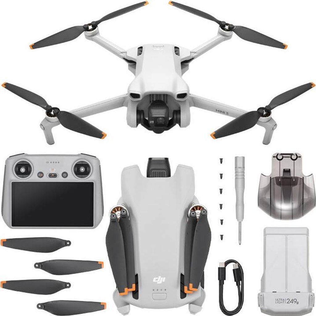 A flat lay of a DJI Mini 3 drone and its accessories, including a remote controller, extra propellers, a battery, and a charging cable.