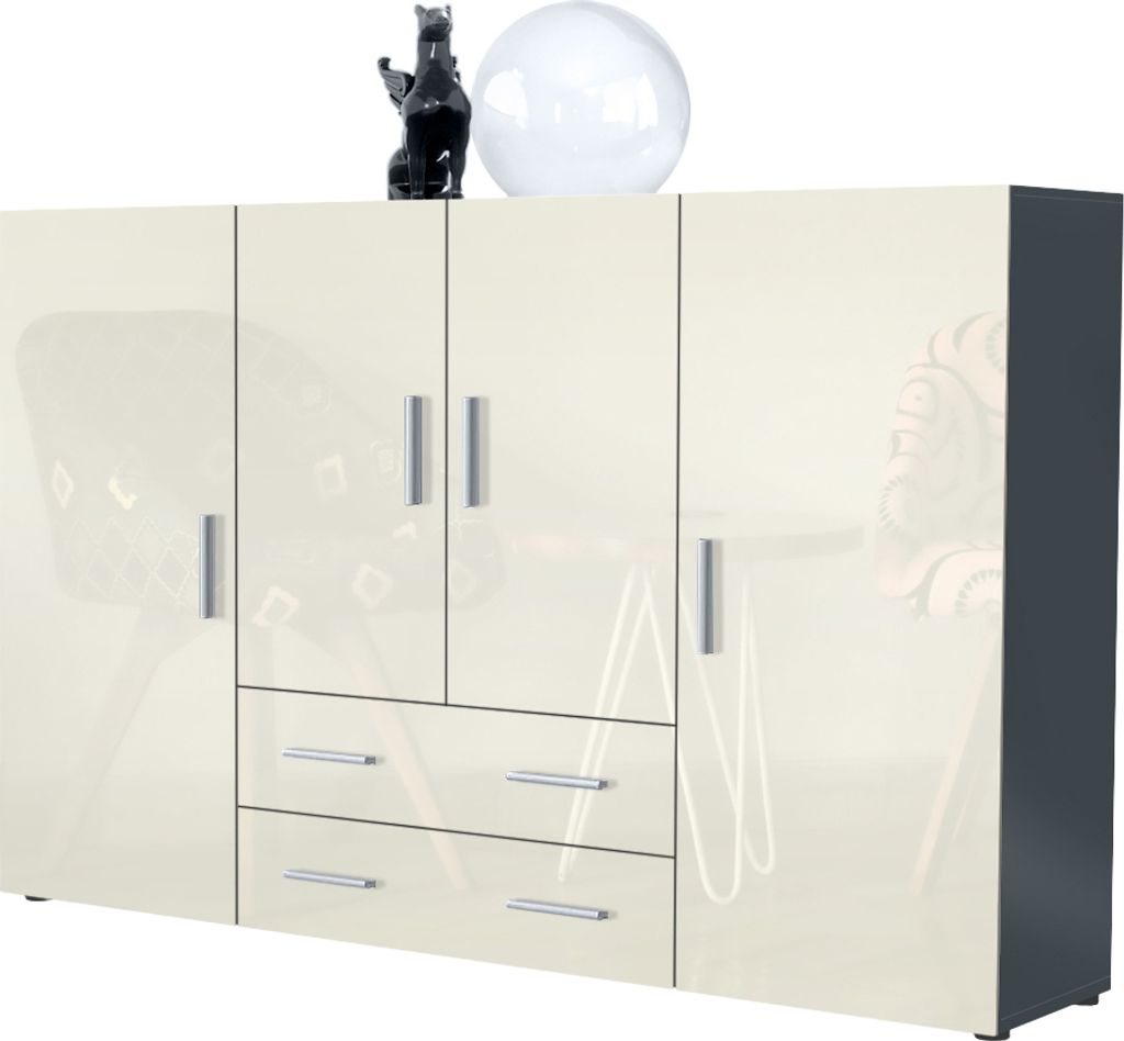Vladon Highboard Nora Anrichte mit 2 Schubladen und 4 Türen mit insgesamt 8 Fächer dahinter, Anthrazit matt/Creme Hochglanz (166,5 x 106,5 x 35 cm)