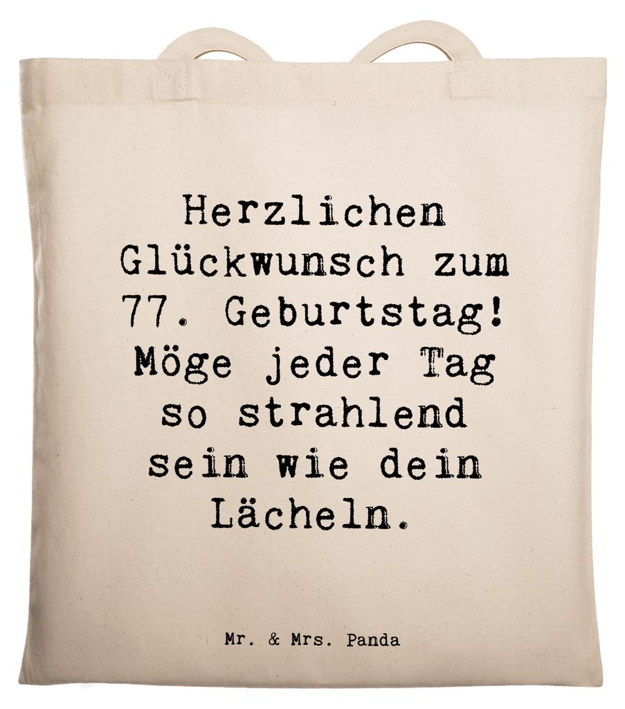 Mr. & Mrs. Panda Tote Bag Spruch 77. Geburtstag Strahlen - Transparent - Geschenk, Herzlichen Glückwunsch, Unitasche, Shopping Tasche, Jutebeutel,...