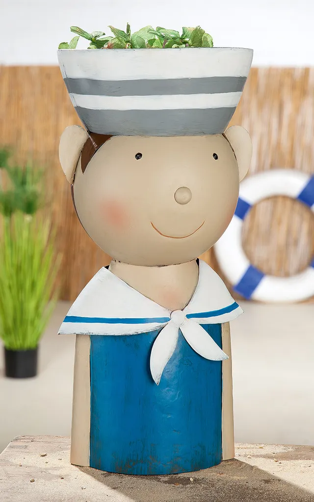 Décoration bord de mer cache-pot marin Matrose Max métal bleu 42 cm