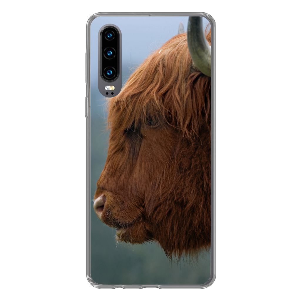 MuchoWow Handyhülle Schutzhülle Hülle für Huawei P30 Schottische Highlander - Tiere - Nebel Silikon Softcase Handy Hülle - Kartenbesitzer