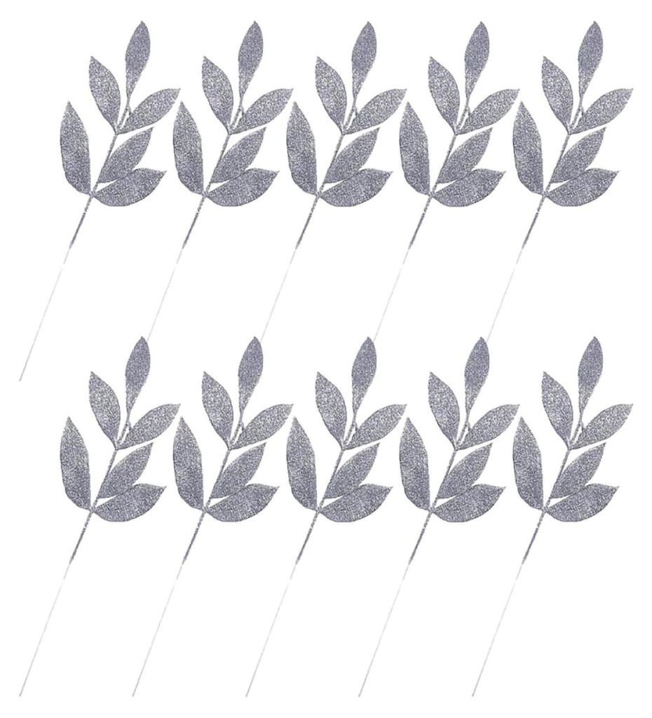 10 Stück Weihnachtsbaum-Dekorationsblätter aus Kunststoff in Silber für Weihnachtsbaum und herbstliche Blumenarrangements