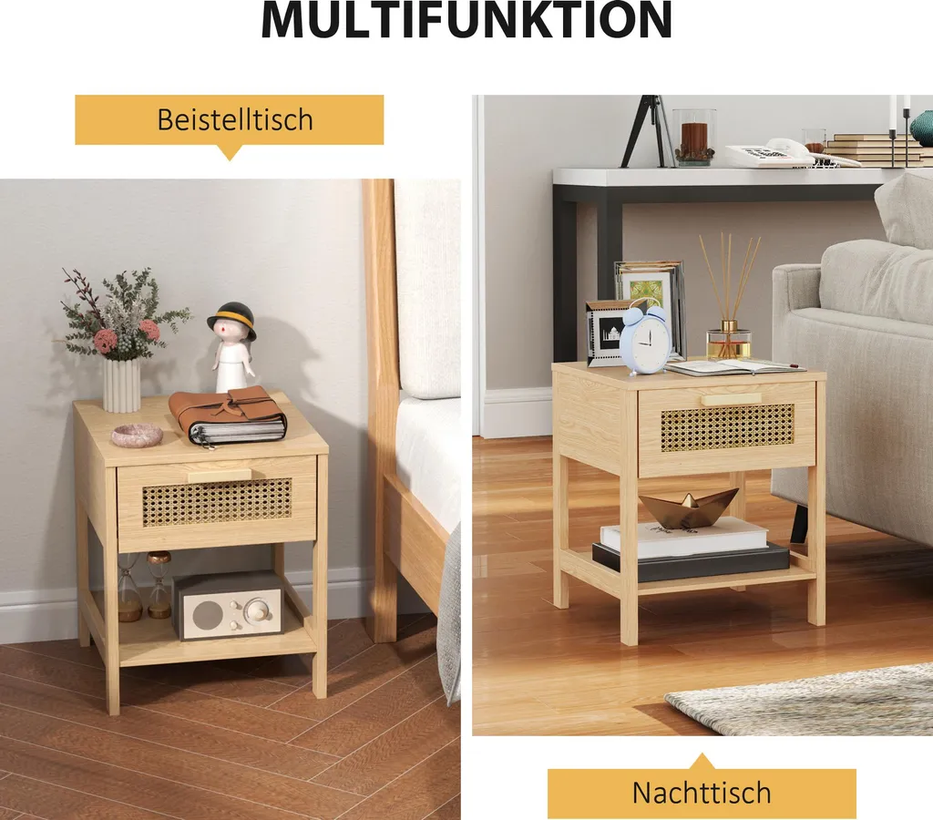 Table de chevet en bois clair, petit meuble d'appoint avec rangement