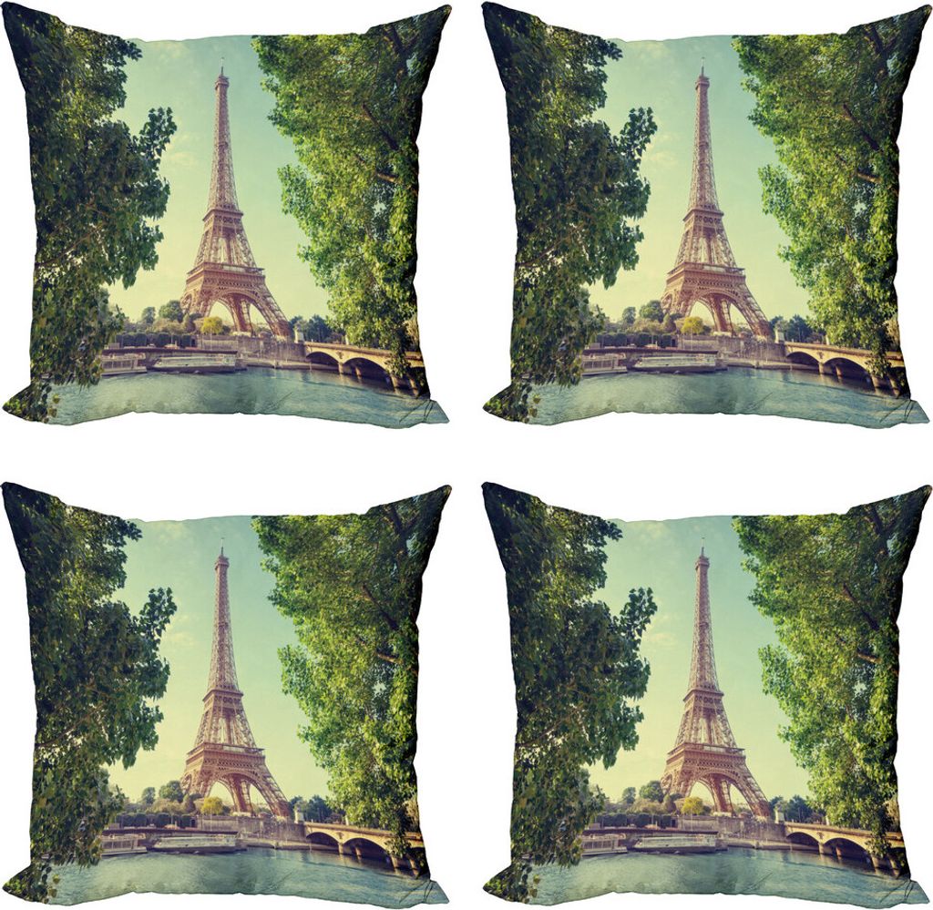 ABAKUHAUS Paris Kissenbezug Set (4 Stück), Eiffelturm Fluss Seine, Moderner Doppelseitiger Digitaldruck, 60 cm x 60 cm, Mandelgrün Blassbraun