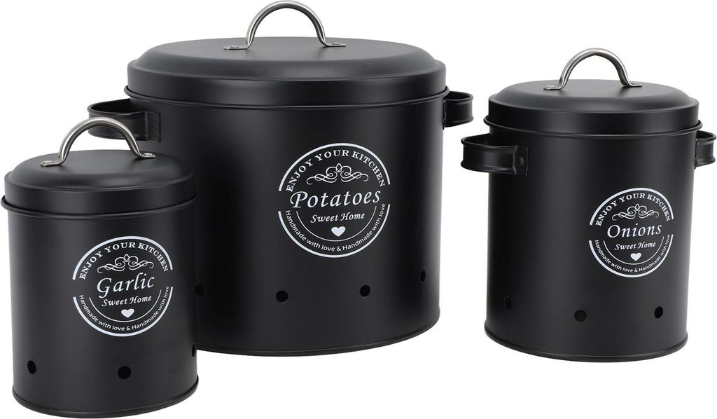 3er-Set Aufbewahrungsbehälter für Kartoffeln und Zwiebeln aus Kohlenstoffstahl, ideal für den Landhausstil, für die Küche, schwarz