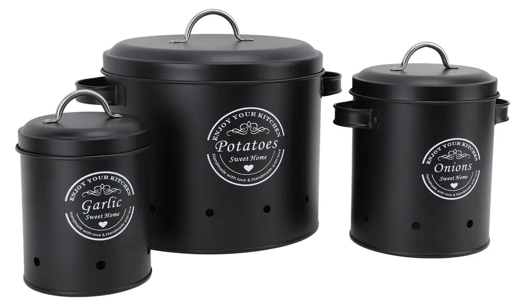 Lot de 3 Boîtes de Conservation Pommes de Terre et Oignons Noir en Acier