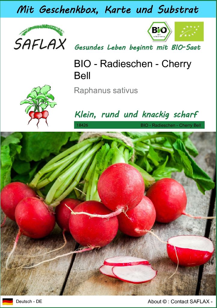 SAFLAX - Geschenk Set - BIO - Radieschen - Cherry Bell - 100 Samen - Mit Geschenk- / Versandbox, Versandaufkleber, Geschenkkarte und Anzuchtsubstra...
