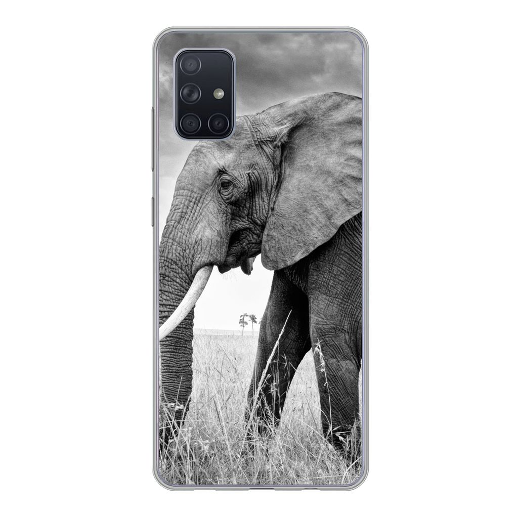MuchoWow Handyhülle Schutzhülle Hülle für Samsung Galaxy A71 Elefant - Gras - Tiere - Schwarz und weiß Silikon Softcase Handy Hülle - Karte...