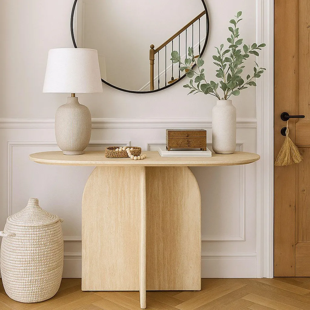 Console ovale 120cm beige effet travertin pour petits espaces