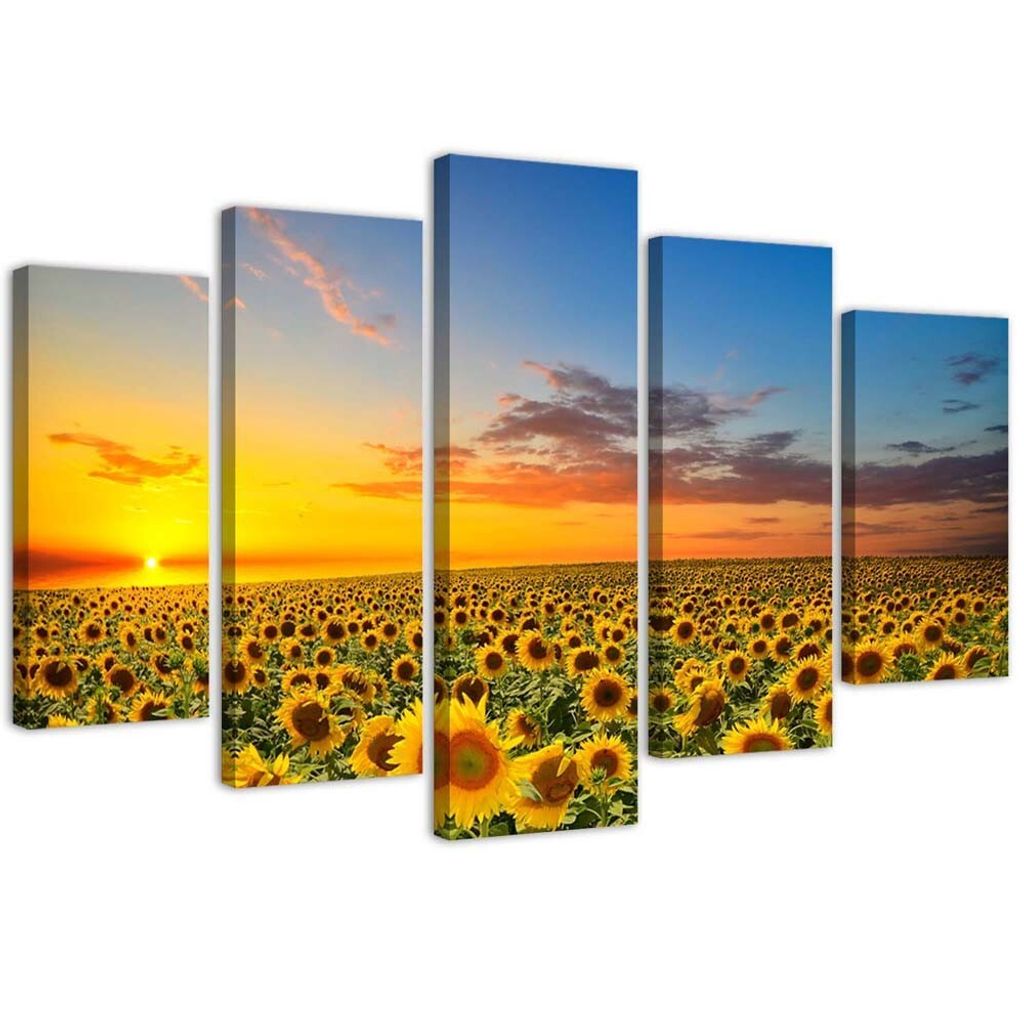 5-teiliges leinwandbild sonnenblumen auf einer wiese 150x100 cm Feeby gelb wandbild bereit zum aufhängen