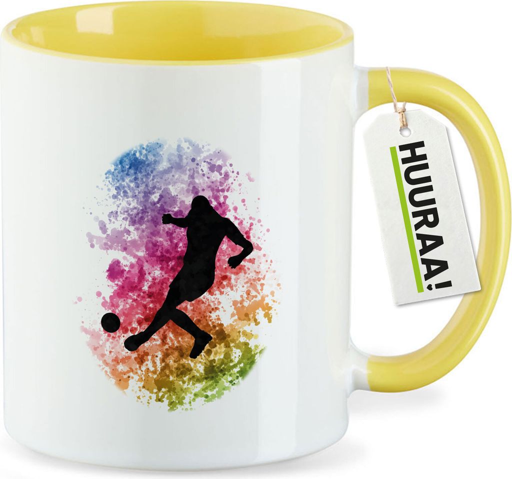 Huuraa Kaffeetasse Fußballspieler bunte Silhouette 330ml Gelb Keramik Kaffeebecher Geschenkidee