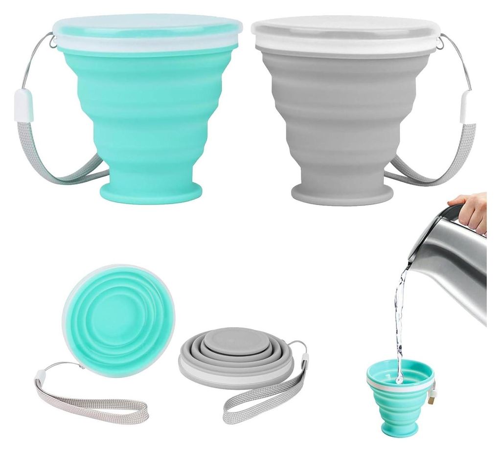 Faltbarer Becher, 2er-Set mit Deckel – Ausziehbarer Becher für Wasser, Saft, Camping, Bergsteigen, Picknicks und Strand