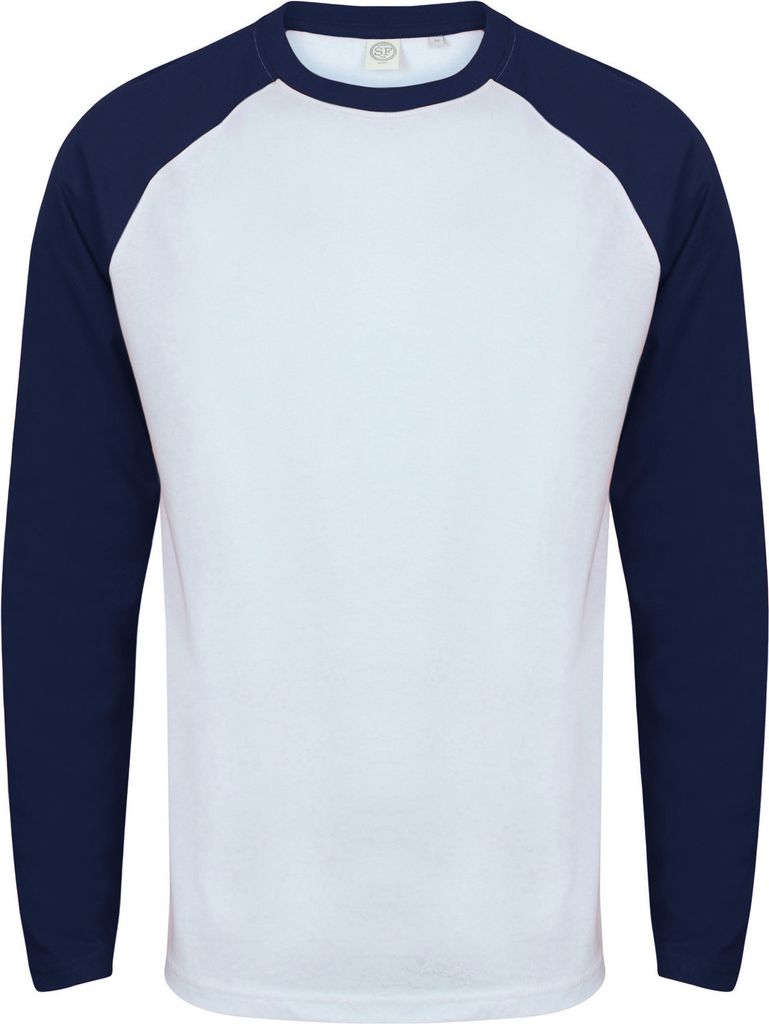 Skinnifit Herren Raglan Baseball T-Shirt, langärmlig RW4742 (S) (Weiß/Oxford Blau)