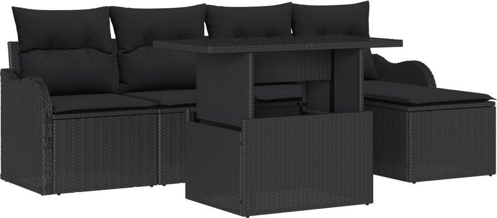 Möbel 6-teiliges Garten-Sofa-Set mit Kissen Schwarz Poly-Rattan, 2-Sitzer Garten-Sofa mit Stauraum & Kissen Schwarz Poly-Rattan - Gartensofas 3357186