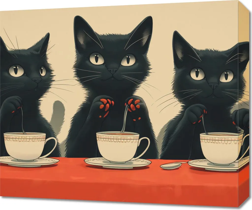 Quadro Moderno Gatti Neri Caffè 60x50 - Decorazione Parete Vintage Chic